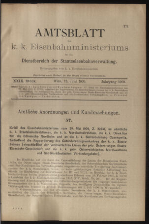 Verordnungs- und Anzeige-Blatt der k.k. General-Direction der österr. Staatsbahnen 19090612 Seite: 1