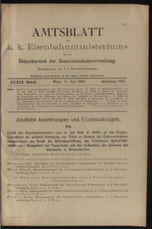 Verordnungs- und Anzeige-Blatt der k.k. General-Direction der österr. Staatsbahnen 19090717 Seite: 1