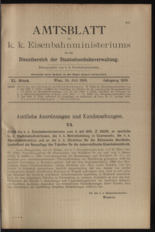 Verordnungs- und Anzeige-Blatt der k.k. General-Direction der österr. Staatsbahnen 19090724 Seite: 1