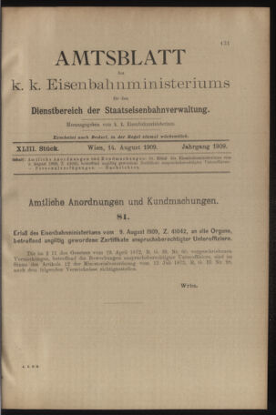 Verordnungs- und Anzeige-Blatt der k.k. General-Direction der österr. Staatsbahnen 19090814 Seite: 1