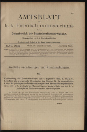 Verordnungs- und Anzeige-Blatt der k.k. General-Direction der österr. Staatsbahnen 19090910 Seite: 1