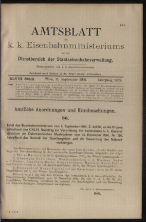 Verordnungs- und Anzeige-Blatt der k.k. General-Direction der österr. Staatsbahnen 19090911 Seite: 1