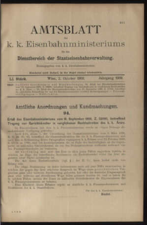 Verordnungs- und Anzeige-Blatt der k.k. General-Direction der österr. Staatsbahnen 19091002 Seite: 1