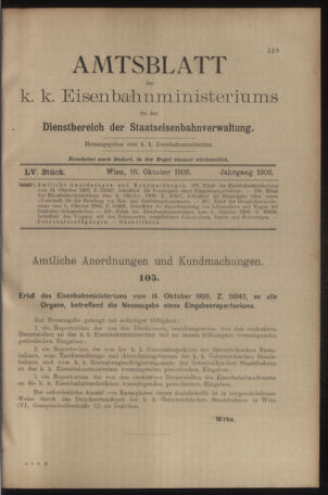 Verordnungs- und Anzeige-Blatt der k.k. General-Direction der österr. Staatsbahnen 19091016 Seite: 1