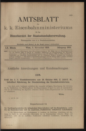 Verordnungs- und Anzeige-Blatt der k.k. General-Direction der österr. Staatsbahnen 19091106 Seite: 1