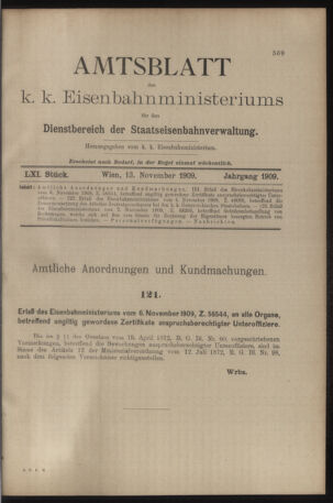 Verordnungs- und Anzeige-Blatt der k.k. General-Direction der österr. Staatsbahnen 19091113 Seite: 1