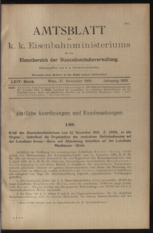 Verordnungs- und Anzeige-Blatt der k.k. General-Direction der österr. Staatsbahnen 19091127 Seite: 1