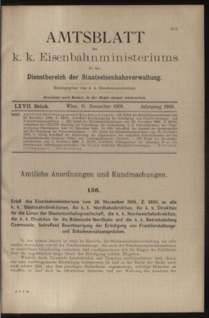 Verordnungs- und Anzeige-Blatt der k.k. General-Direction der österr. Staatsbahnen 19091211 Seite: 1