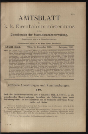 Verordnungs- und Anzeige-Blatt der k.k. General-Direction der österr. Staatsbahnen 19091218 Seite: 1