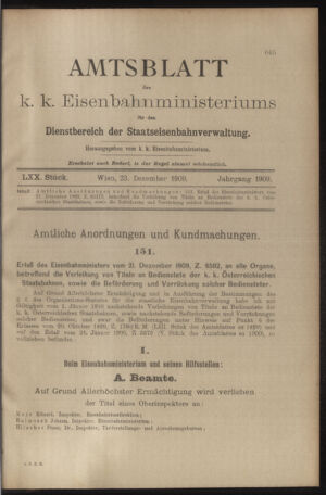 Verordnungs- und Anzeige-Blatt der k.k. General-Direction der österr. Staatsbahnen 19091223 Seite: 1