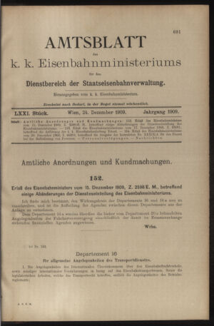 Verordnungs- und Anzeige-Blatt der k.k. General-Direction der österr. Staatsbahnen 19091224 Seite: 1