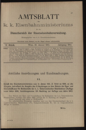 Verordnungs- und Anzeige-Blatt der k.k. General-Direction der österr. Staatsbahnen 19100129 Seite: 1