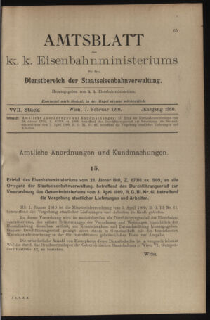 Verordnungs- und Anzeige-Blatt der k.k. General-Direction der österr. Staatsbahnen 19100207 Seite: 1