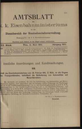 Verordnungs- und Anzeige-Blatt der k.k. General-Direction der österr. Staatsbahnen 19100312 Seite: 1