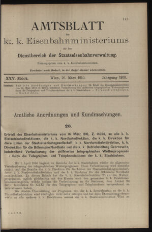 Verordnungs- und Anzeige-Blatt der k.k. General-Direction der österr. Staatsbahnen 19100326 Seite: 1