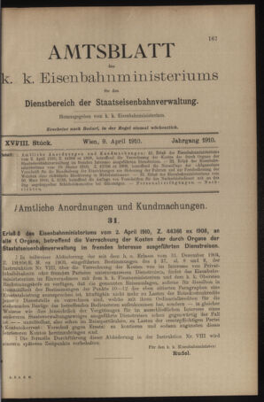 Verordnungs- und Anzeige-Blatt der k.k. General-Direction der österr. Staatsbahnen 19100409 Seite: 1