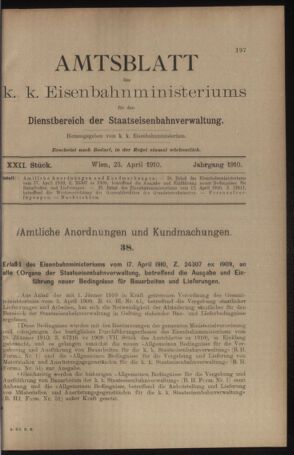 Verordnungs- und Anzeige-Blatt der k.k. General-Direction der österr. Staatsbahnen 19100423 Seite: 1