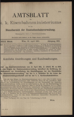 Verordnungs- und Anzeige-Blatt der k.k. General-Direction der österr. Staatsbahnen 19100430 Seite: 1