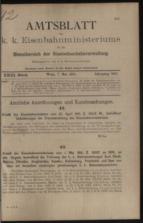 Verordnungs- und Anzeige-Blatt der k.k. General-Direction der österr. Staatsbahnen 19100507 Seite: 1