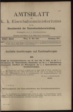 Verordnungs- und Anzeige-Blatt der k.k. General-Direction der österr. Staatsbahnen 19100521 Seite: 1