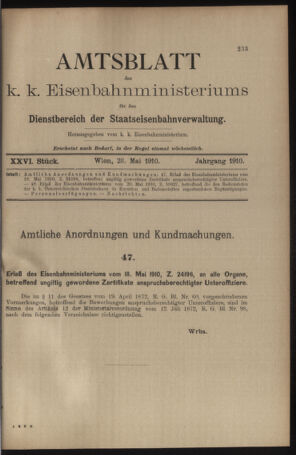 Verordnungs- und Anzeige-Blatt der k.k. General-Direction der österr. Staatsbahnen 19100528 Seite: 1