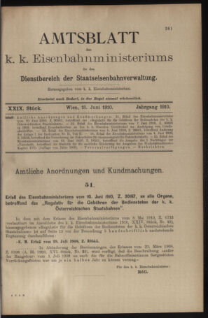 Verordnungs- und Anzeige-Blatt der k.k. General-Direction der österr. Staatsbahnen 19100618 Seite: 1