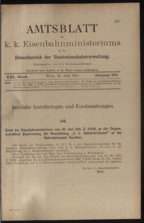 Verordnungs- und Anzeige-Blatt der k.k. General-Direction der österr. Staatsbahnen 19100625 Seite: 1