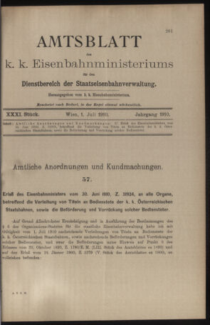 Verordnungs- und Anzeige-Blatt der k.k. General-Direction der österr. Staatsbahnen 19100701 Seite: 1