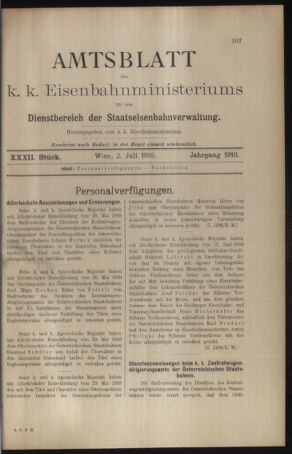 Verordnungs- und Anzeige-Blatt der k.k. General-Direction der österr. Staatsbahnen 19100702 Seite: 1