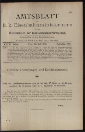 Verordnungs- und Anzeige-Blatt der k.k. General-Direction der österr. Staatsbahnen 19100730 Seite: 1