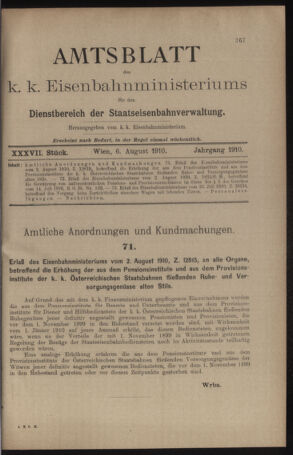 Verordnungs- und Anzeige-Blatt der k.k. General-Direction der österr. Staatsbahnen 19100806 Seite: 1