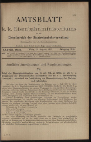 Verordnungs- und Anzeige-Blatt der k.k. General-Direction der österr. Staatsbahnen 19100813 Seite: 1