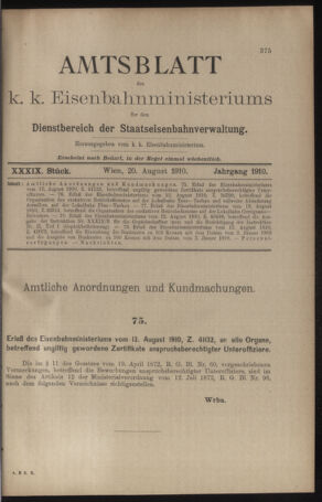 Verordnungs- und Anzeige-Blatt der k.k. General-Direction der österr. Staatsbahnen 19100820 Seite: 1