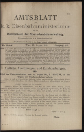 Verordnungs- und Anzeige-Blatt der k.k. General-Direction der österr. Staatsbahnen 19100827 Seite: 1