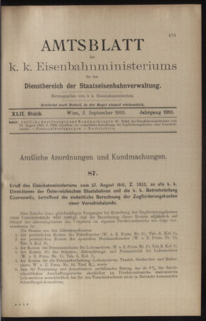 Verordnungs- und Anzeige-Blatt der k.k. General-Direction der österr. Staatsbahnen 19100903 Seite: 1