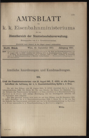 Verordnungs- und Anzeige-Blatt der k.k. General-Direction der österr. Staatsbahnen 19100910 Seite: 1