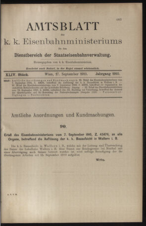 Verordnungs- und Anzeige-Blatt der k.k. General-Direction der österr. Staatsbahnen 19100917 Seite: 1