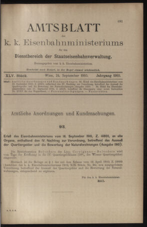 Verordnungs- und Anzeige-Blatt der k.k. General-Direction der österr. Staatsbahnen 19100924 Seite: 1