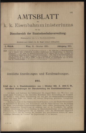 Verordnungs- und Anzeige-Blatt der k.k. General-Direction der österr. Staatsbahnen 19101015 Seite: 1