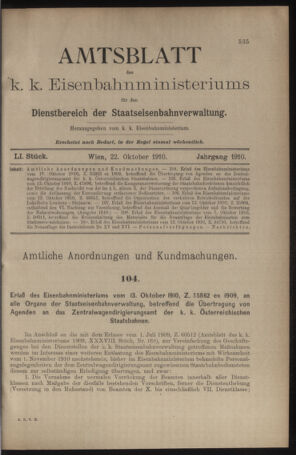 Verordnungs- und Anzeige-Blatt der k.k. General-Direction der österr. Staatsbahnen 19101022 Seite: 1