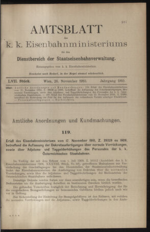 Verordnungs- und Anzeige-Blatt der k.k. General-Direction der österr. Staatsbahnen 19101126 Seite: 1