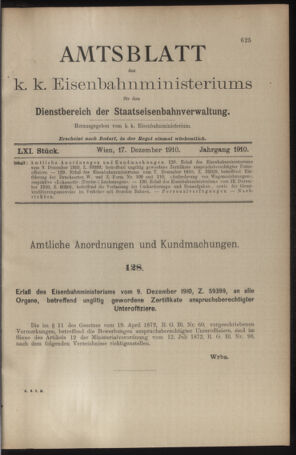 Verordnungs- und Anzeige-Blatt der k.k. General-Direction der österr. Staatsbahnen 19101217 Seite: 1