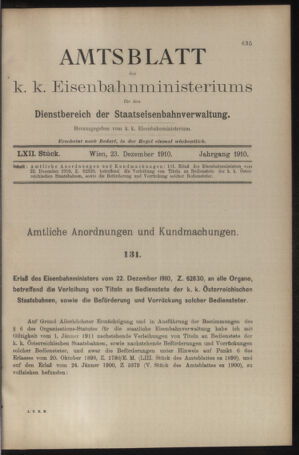 Verordnungs- und Anzeige-Blatt der k.k. General-Direction der österr. Staatsbahnen 19101223 Seite: 1