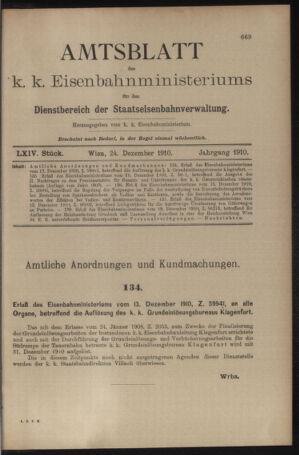 Verordnungs- und Anzeige-Blatt der k.k. General-Direction der österr. Staatsbahnen 19101224 Seite: 1