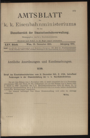 Verordnungs- und Anzeige-Blatt der k.k. General-Direction der österr. Staatsbahnen 19101229 Seite: 1