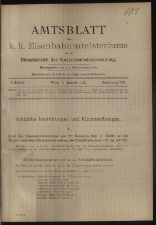 Verordnungs- und Anzeige-Blatt der k.k. General-Direction der österr. Staatsbahnen 19110104 Seite: 1