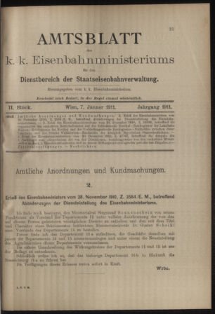 Verordnungs- und Anzeige-Blatt der k.k. General-Direction der österr. Staatsbahnen 19110107 Seite: 1