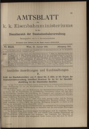 Verordnungs- und Anzeige-Blatt der k.k. General-Direction der österr. Staatsbahnen 19110121 Seite: 1