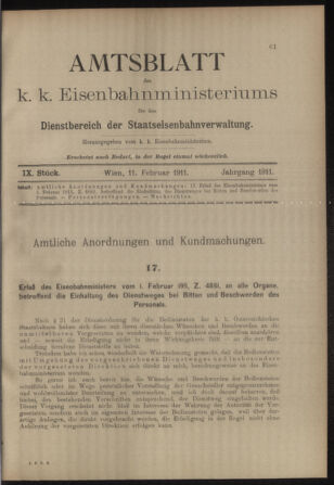 Verordnungs- und Anzeige-Blatt der k.k. General-Direction der österr. Staatsbahnen 19110211 Seite: 1