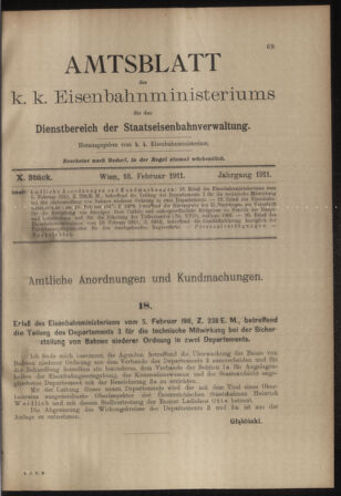 Verordnungs- und Anzeige-Blatt der k.k. General-Direction der österr. Staatsbahnen 19110218 Seite: 1